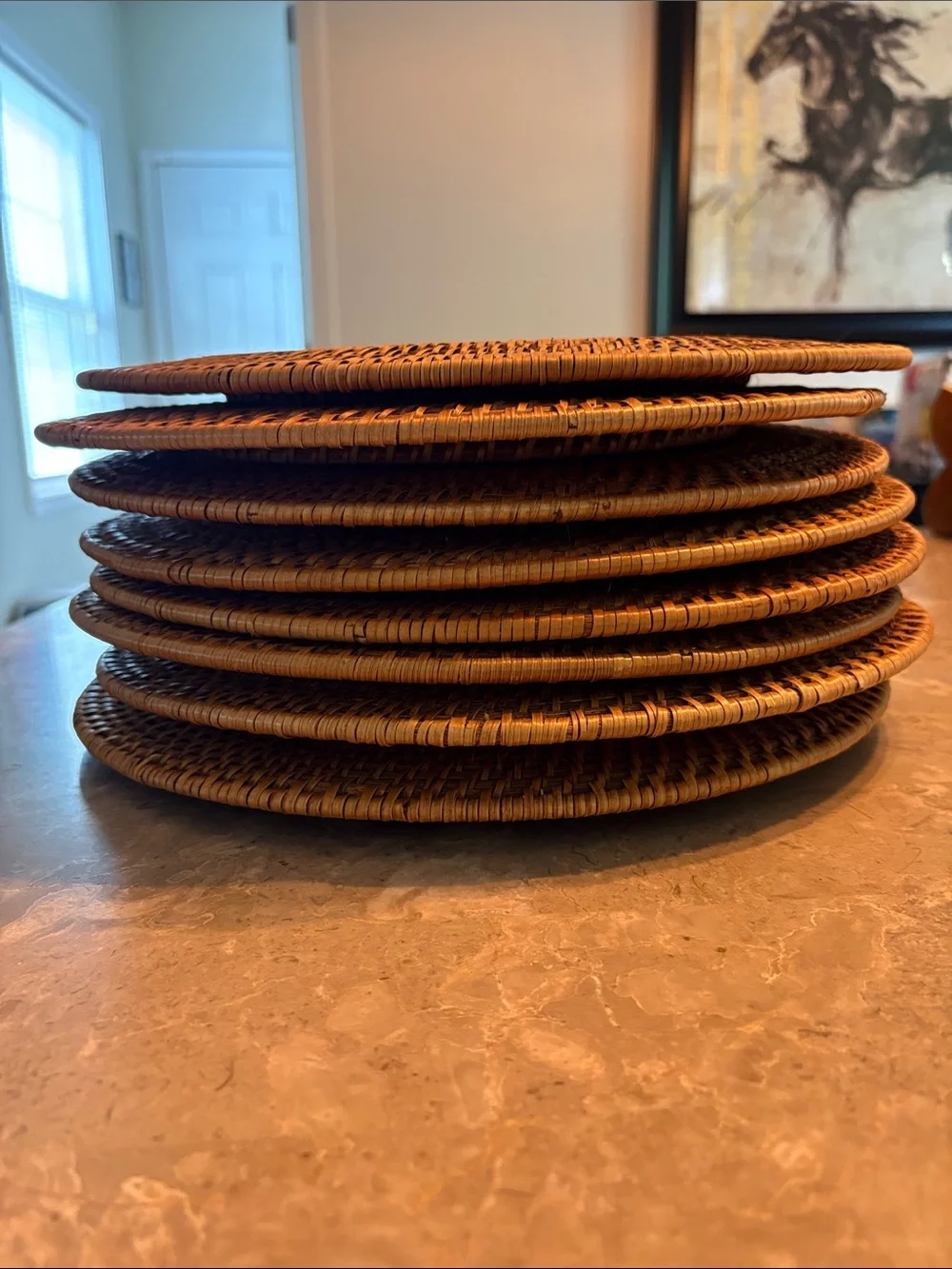 Set of 8 Crate & Barrel Artesia Honey woven chargers